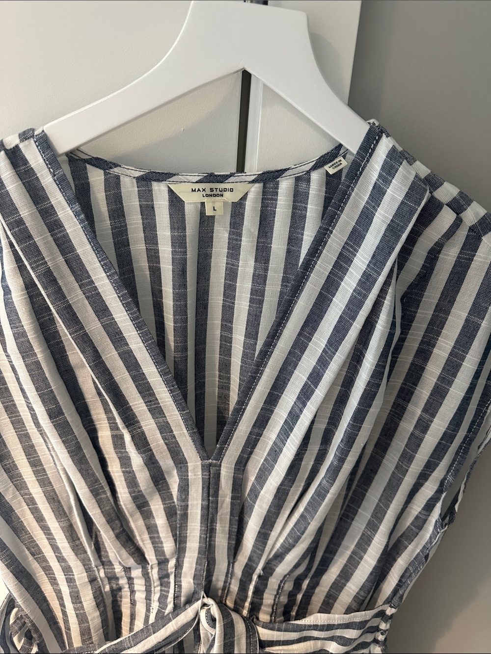 Max Studio Navy and White Striped V-Neck Tie-Front Dress